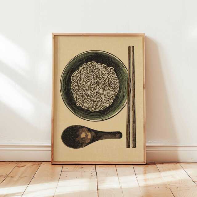 Japanese Noodle Print, Ukiyo-E Style Kitchen Wall Art, Woodblock Foodie Poster, Asian Decor, Unique Ramen Gift - image 1