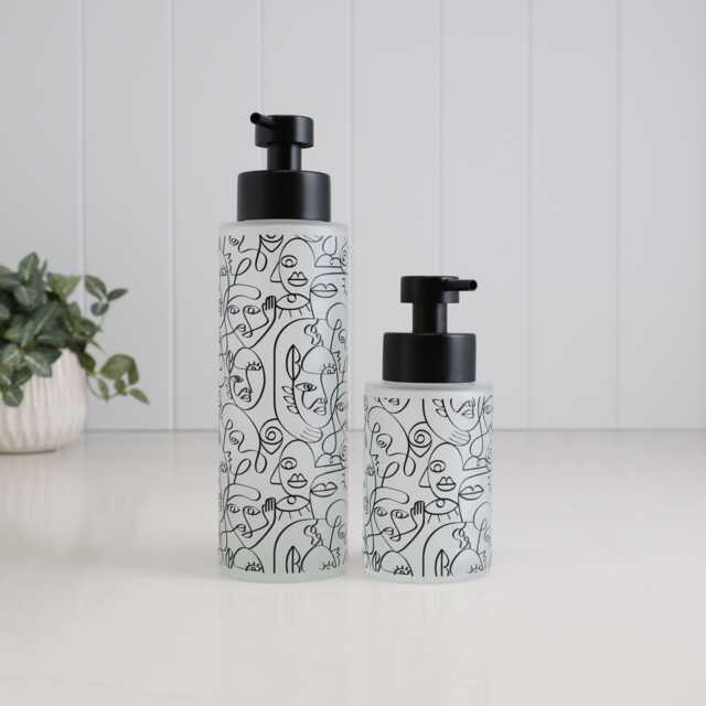 Frosted Glass Soap Dispenser With Black Line Art Wrap, Choose 250Ml Or 500Ml Size, Reusable Bathroom Bottle Eco Home Gift - image 1