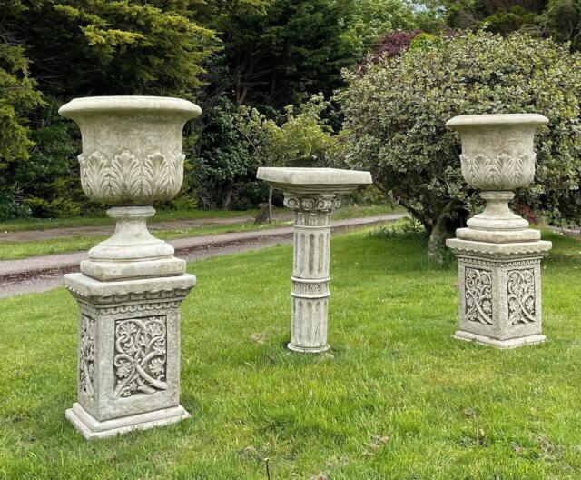 Pair Of Xl Acanthus Urns + Plinths - English Stone Trough Vase Garden Ornament - image 1