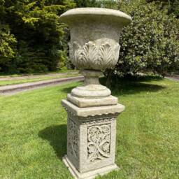 Pair Of Xl Acanthus Urns + Plinths - English Stone Trough Vase Garden Ornament - thumbnail 3