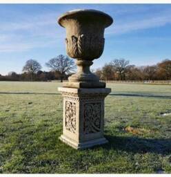 Pair Of Xl Acanthus Urns + Plinths - English Stone Trough Vase Garden Ornament - thumbnail 2