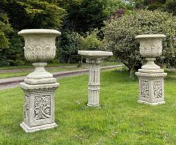 Pair Of Xl Acanthus Urns + Plinths - English Stone Trough Vase Garden Ornament - thumbnail 1
