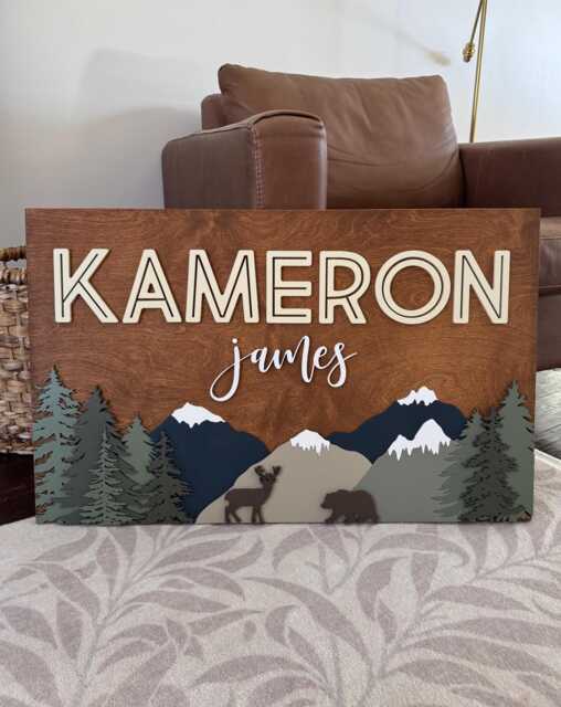 Personalized Rectangle Mountain Forest Nursery Name Sign 3D Woodland Animal Decor For Kids Room Wall Art - image 1