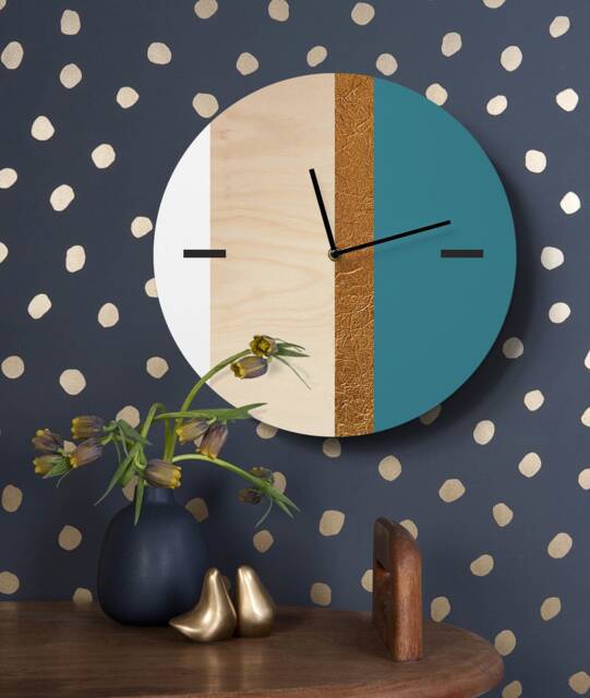 Scandi Wooden Wall Clock With Golden Strip Turquoise White & Gold Minimalist Decor - image 1