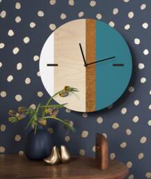 Scandi Wooden Wall Clock With Golden Strip Turquoise White & Gold Minimalist Decor