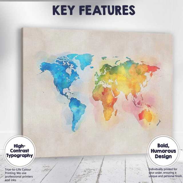 Pastel Watercolour World Map Continental Illustration Canvas Wall Art Print Decor Picture Ready To Hang - image 1