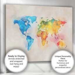 Pastel Watercolour World Map Continental Illustration Canvas Wall Art Print Decor Picture Ready To Hang - thumbnail 3