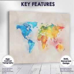 Pastel Watercolour World Map Continental Illustration Canvas Wall Art Print Decor Picture Ready To Hang - thumbnail 1