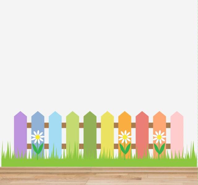 Nursery Decal Playroom Fence Grass Flowers Wall Sticker Set Baby Room Play Room Full Colour