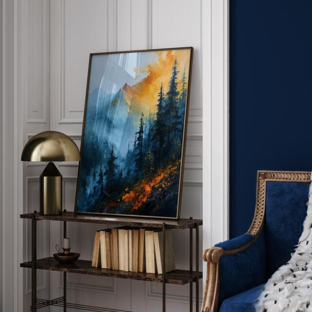 Blue & Orange Mountain Forest Wall Art Print - Abstract Nature-Inspired Landscape Decor - image 1