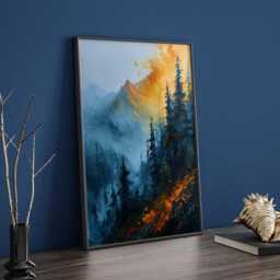 Blue & Orange Mountain Forest Wall Art Print - Abstract Nature-Inspired Landscape Decor - thumbnail 2