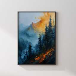 Blue & Orange Mountain Forest Wall Art Print - Abstract Nature-Inspired Landscape Decor - thumbnail 3