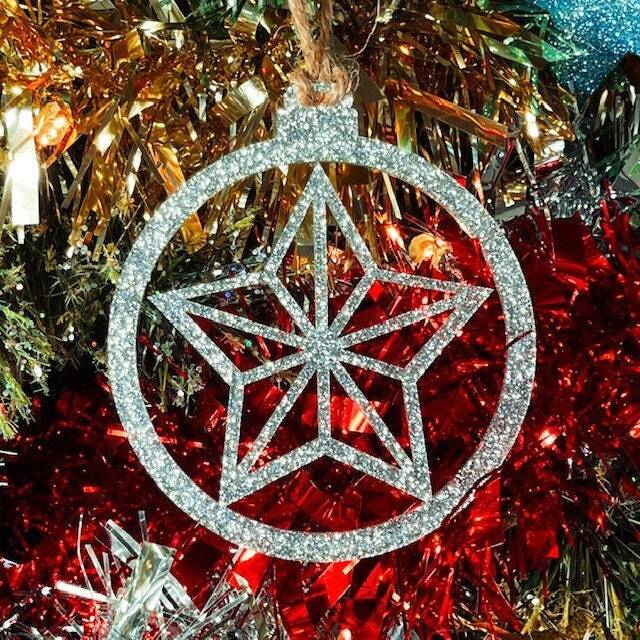 Glitter Star Bauble Christmas Tree Decoration - Beautiful Xmas Ornament in Oak, Walnut Cherry Wood Or Silver, Gold, Red, Green - image 1