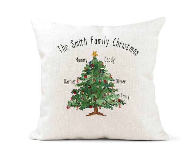 Personalised Cream Canvas Cushion, Family Christmas Tree Decoration. Family Tree, Watercolour, Xmas - image 1