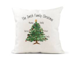 Personalised Cream Canvas Cushion, Family Christmas Tree Decoration. Family Tree, Watercolour, Xmas - thumbnail 1