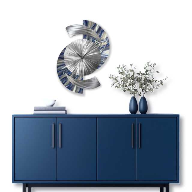 Navy Blue Metal Wall Clock, Modern Silver Timepiece, Contemporary Sculpture & Home Art Decor - image 1