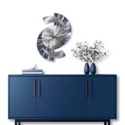 Navy Blue Metal Wall Clock, Modern Silver Timepiece, Contemporary Sculpture & Home Art Decor - thumbnail 1