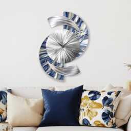 Navy Blue Metal Wall Clock, Modern Silver Timepiece, Contemporary Sculpture & Home Art Decor - thumbnail 2