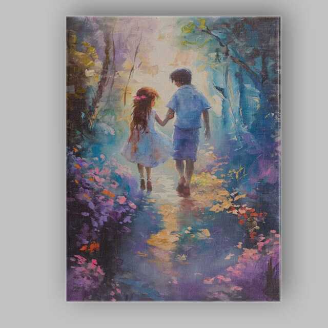 Children Walking Through Enchanted Woodland Impressionist Canvas Wall Art Print Decor Picture Ready To Hang - image 1