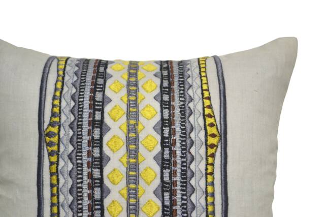 Aztec Pillow Cover, White Linen Case, Yellow Gray Pillow, Stripes Cushion, Boho - image 1