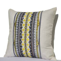 Aztec Pillow Cover, White Linen Case, Yellow Gray Pillow, Stripes Cushion, Boho - thumbnail 2