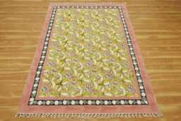 Yellow Floral Hallway Runner Rug, Hand Block Printed Cotton Kilim