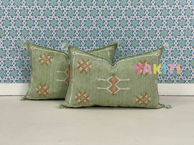 Yakiti-Green Square Moroccan Pillows 13x21, Aka Cactus Silk Pillow, Sabra Pillows, Outdoor Luxury Pillow, Durable & Weather Resistant - image 1