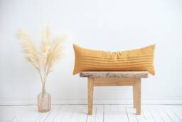 Mustard Yellow Long Lumbar Pillow Cover - Sustainable, Farmhouse Style, Handmade, Ticking Lines Design - thumbnail 1
