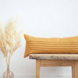 Mustard Yellow Long Lumbar Pillow Cover - Sustainable, Farmhouse Style, Handmade, Ticking Lines Design - thumbnail 3