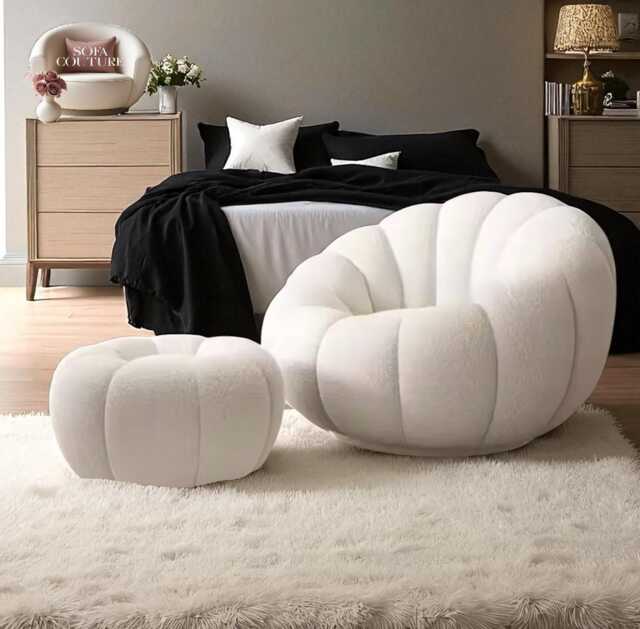Autumn White Pumpkin Sofa Chair & Pouf Set Scandinavian Modern Home Decor