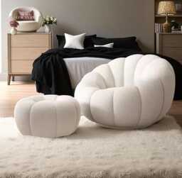 Autumn White Pumpkin Sofa Chair & Pouf Set Scandinavian Modern Home Decor - thumbnail 1