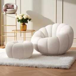 Autumn White Pumpkin Sofa Chair & Pouf Set Scandinavian Modern Home Decor - thumbnail 3