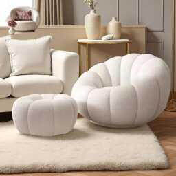 Autumn White Pumpkin Sofa Chair & Pouf Set Scandinavian Modern Home Decor - thumbnail 2