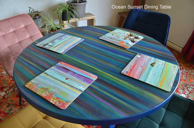 Ocean Sunset Dining Table Round Wood Coastal Cottage Supplied With Navy Tapered Legs/Us Customers Customs Tariff Is Pre-Paid - image 1