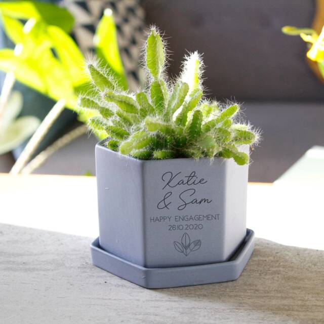 Engagement Hexagon Plant Pot - Personalised Couples New Home Gift Cacti Succulent Lover Congratulations - image 1