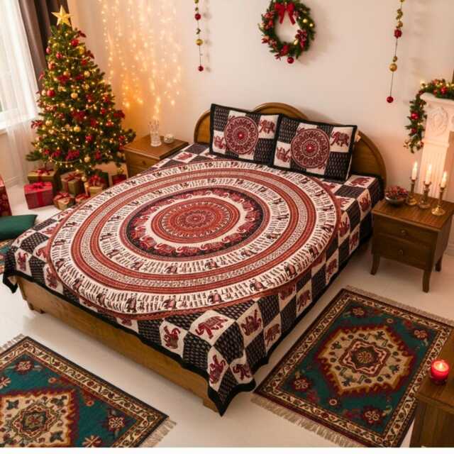 Black Elephant Print Queen Bedding Set, Indian Cotton Bedspread - image 1