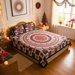 Black Elephant Print Queen Bedding Set, Indian Cotton Bedspread - thumbnail 2