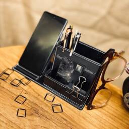 Personalized Vegan Leather Desk Organizer - Custom Stationery Storage - thumbnail 1