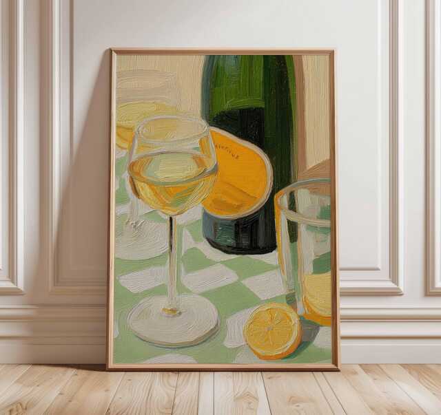 Wine Glass Still Life Wall Art Print, Modern Kitchen Poster, Lemon & Bottle Artwork, Elegant Dining Room Home Decor - image 1