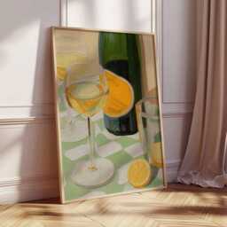 Wine Glass Still Life Wall Art Print, Modern Kitchen Poster, Lemon & Bottle Artwork, Elegant Dining Room Home Decor - thumbnail 2