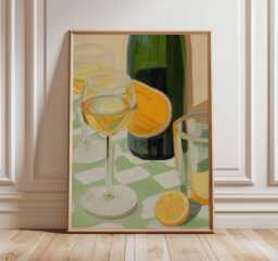 Wine Glass Still Life Wall Art Print, Modern Kitchen Poster, Lemon & Bottle Artwork, Elegant Dining Room Home Decor - thumbnail 1