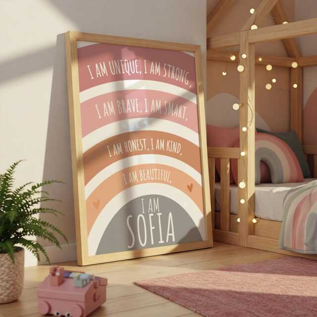 Boho Girls Affirmation Print, Personalised, Rainbow, Loved, Positive, Nursery Wall Art, Playroom, Motivational, Bedroom Decor - image 1
