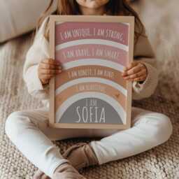 Boho Girls Affirmation Print, Personalised, Rainbow, Loved, Positive, Nursery Wall Art, Playroom, Motivational, Bedroom Decor - thumbnail 2