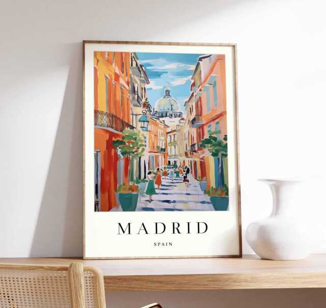 Madrid Street Scene Art Print Spain Travel Poster - image 1