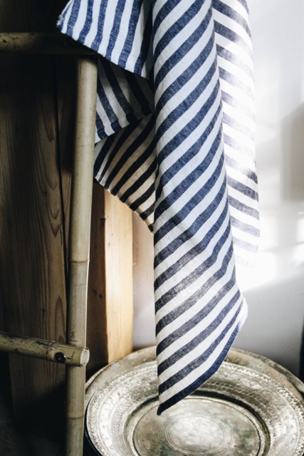 Linen Towel/ Narrow Navy Stripes Blue White Towel/Blanket - image 1