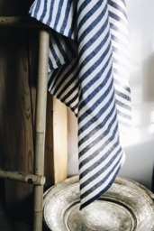 Linen Towel/ Narrow Navy Stripes Blue White Towel/Blanket - thumbnail 1