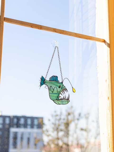 Anglerfish Devil Fish Suncatcher Stained Glass Decor Blue Home House Window Wall Hangings Cling, Spooky Deep Sea Fish, Quirky Sea Monster - image 1