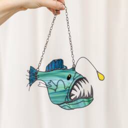 Anglerfish Devil Fish Suncatcher Stained Glass Decor Blue Home House Window Wall Hangings Cling, Spooky Deep Sea Fish, Quirky Sea Monster - thumbnail 3