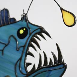 Anglerfish Devil Fish Suncatcher Stained Glass Decor Blue Home House Window Wall Hangings Cling, Spooky Deep Sea Fish, Quirky Sea Monster - thumbnail 4