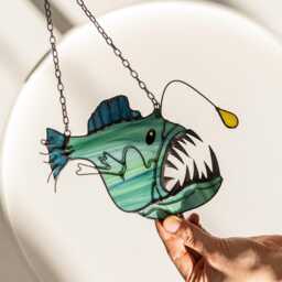 Anglerfish Devil Fish Suncatcher Stained Glass Decor Blue Home House Window Wall Hangings Cling, Spooky Deep Sea Fish, Quirky Sea Monster - thumbnail 2